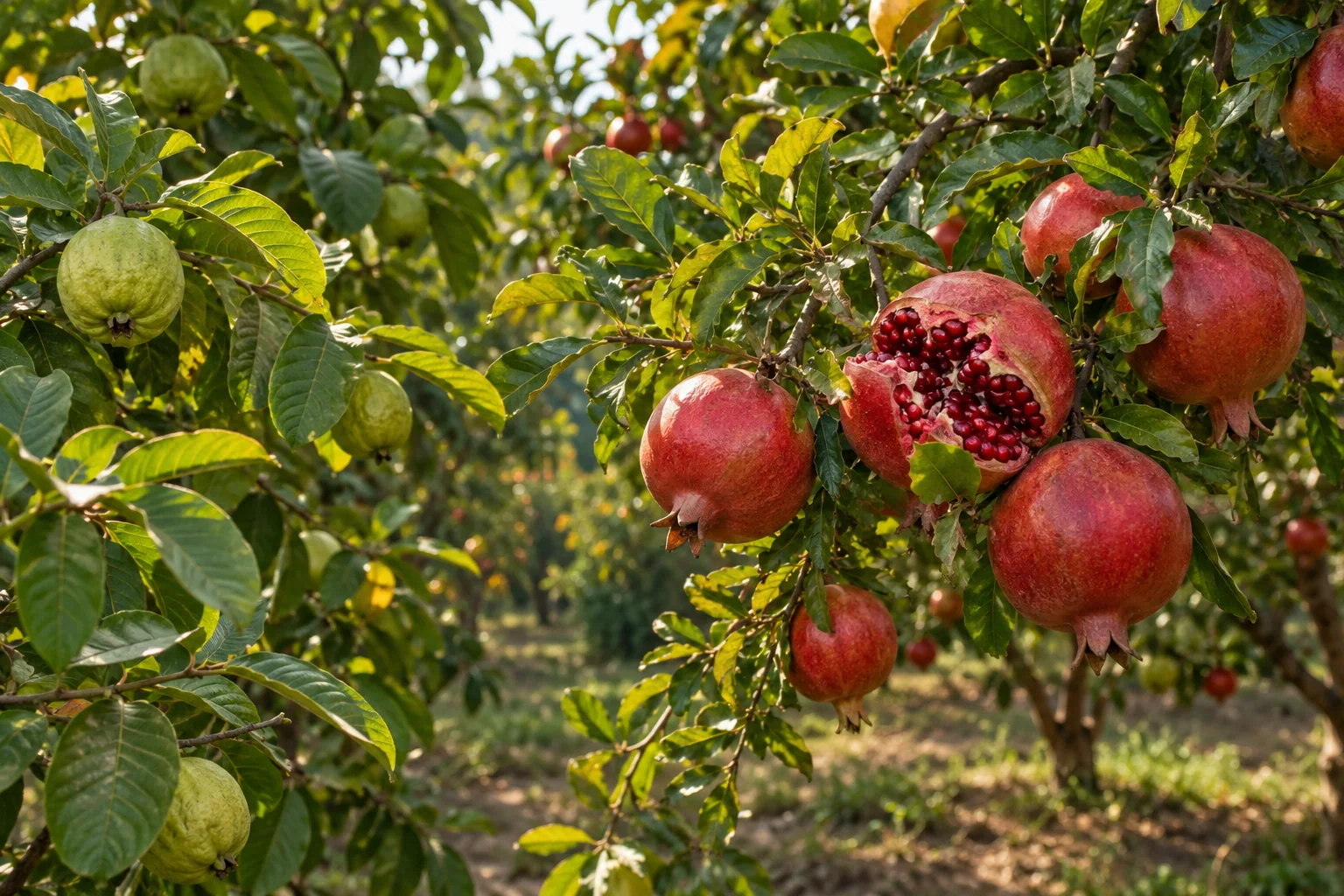Ripe pomegranates growing among leaves in an Indian orchard